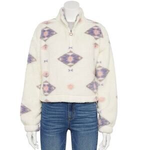 Juniors' SO® Sherpa Quarter-Zip Pullover in color White Purple Geo Xs jacket